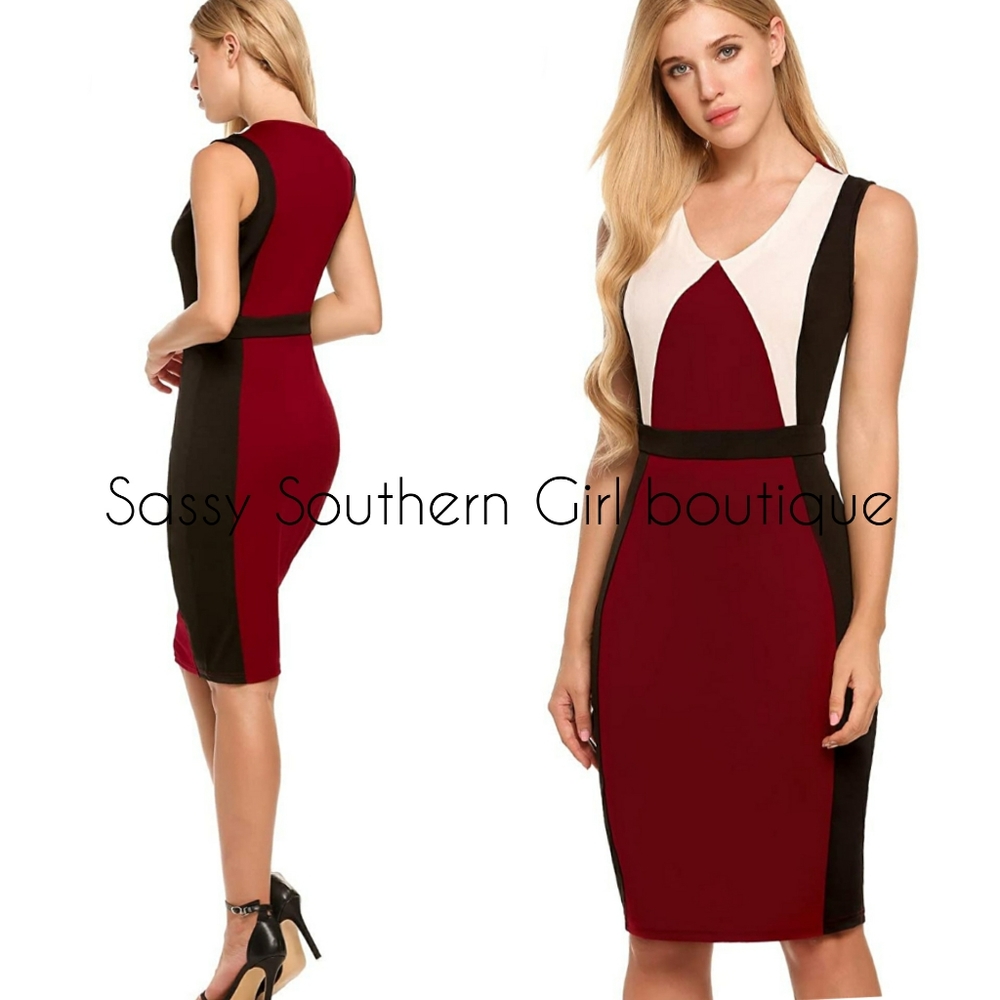 ⭐🆕Red colorblock illusion pencil dress